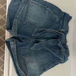 AMO Light Blue Denim paper bag short with Elastic tie Waist